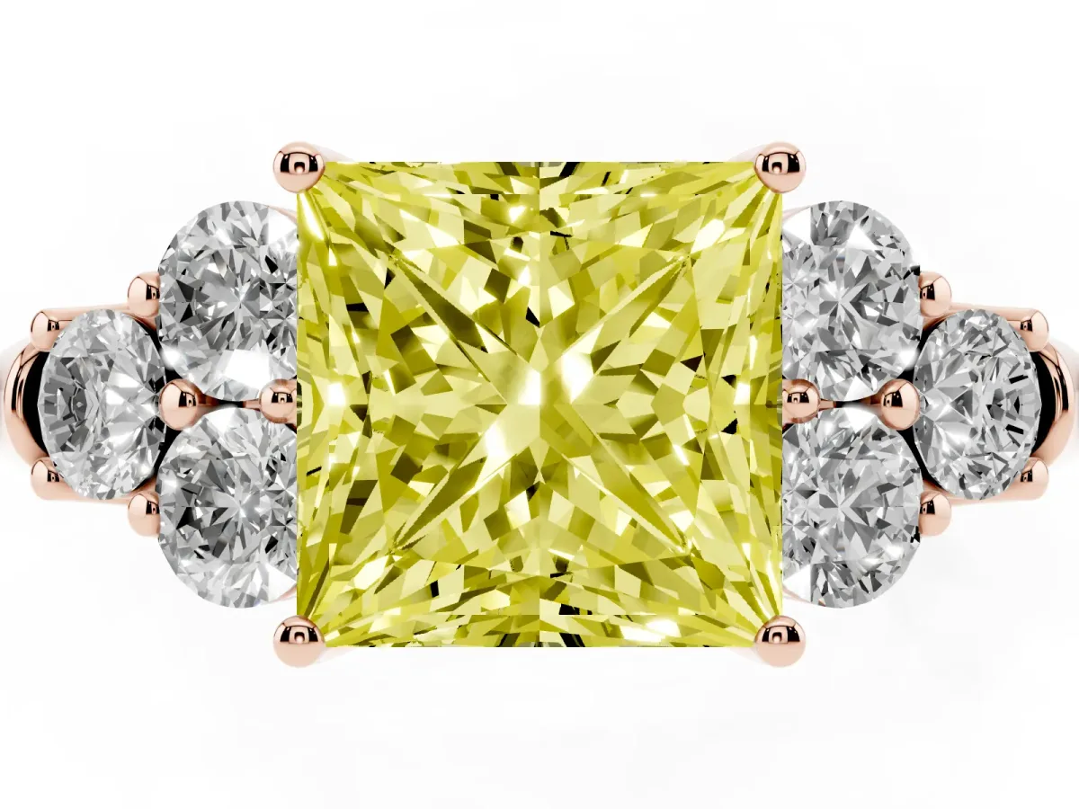 Fancy Yellow Princess Cut Cut Diamond Cluster Ring with Round Accent Stones and Prong Setting on a Classic Band Rose gold
