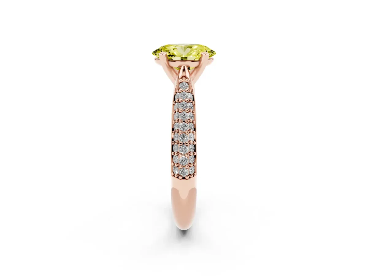 Fancy Yellow Oval Cut Diamond Solitaire Engagement Ring with Multi-Row Round Pavé Band and Prong Setting Rose gold