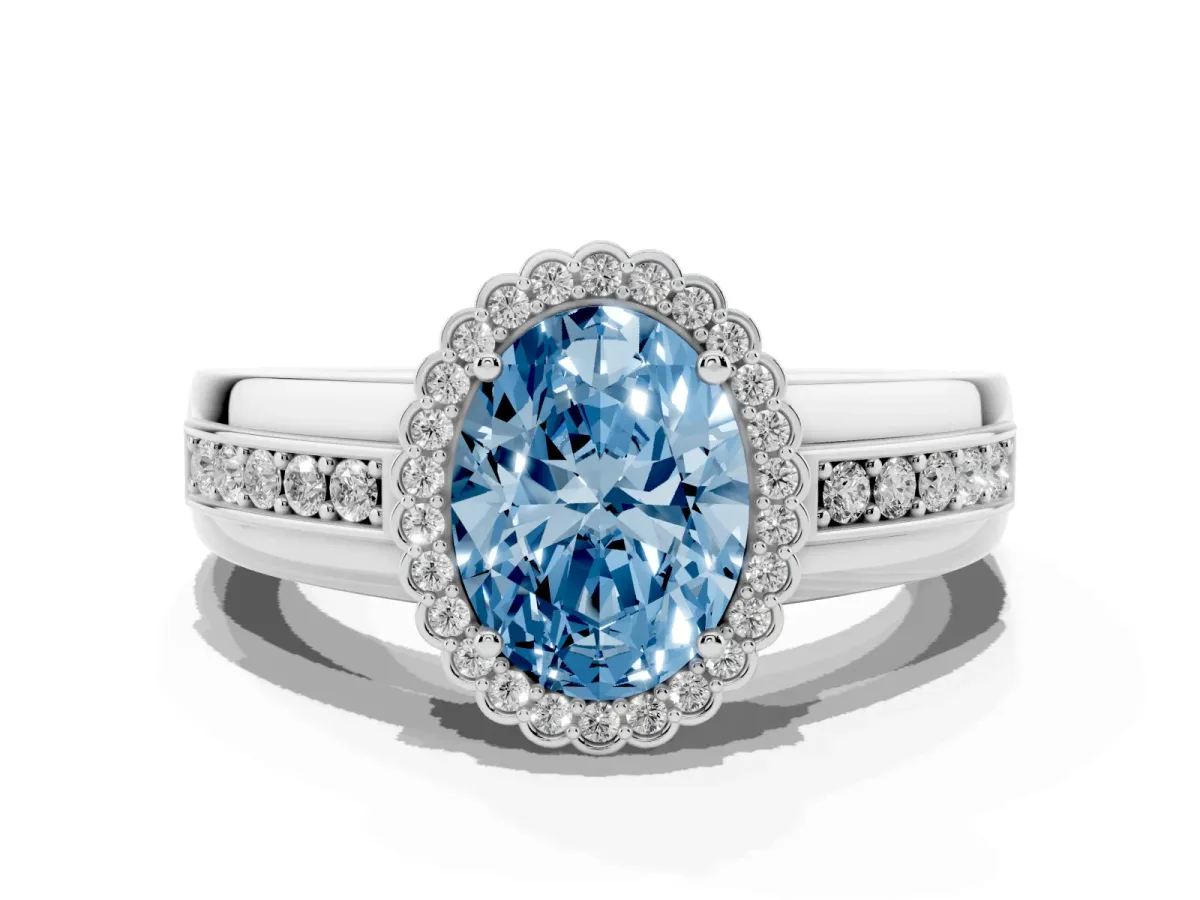 Fancy Blue Oval Cut Cut Halo Pave Band Four-Prong Ring Silver
