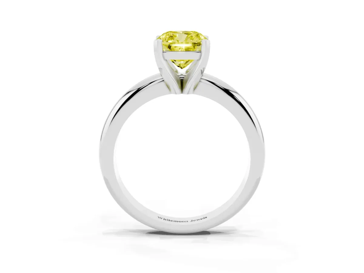 Fancy Yellow Cushion Cut Diamond Solitaire Engagement Ring with Round Band and Four-Prong Setting Platinum