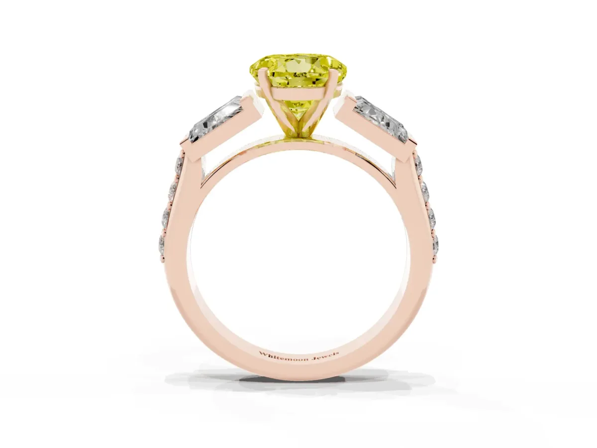 Fancy Yellow Round Cut Diamond Engagement Ring with Baguette Side Stones and Channel Set Band Rose gold