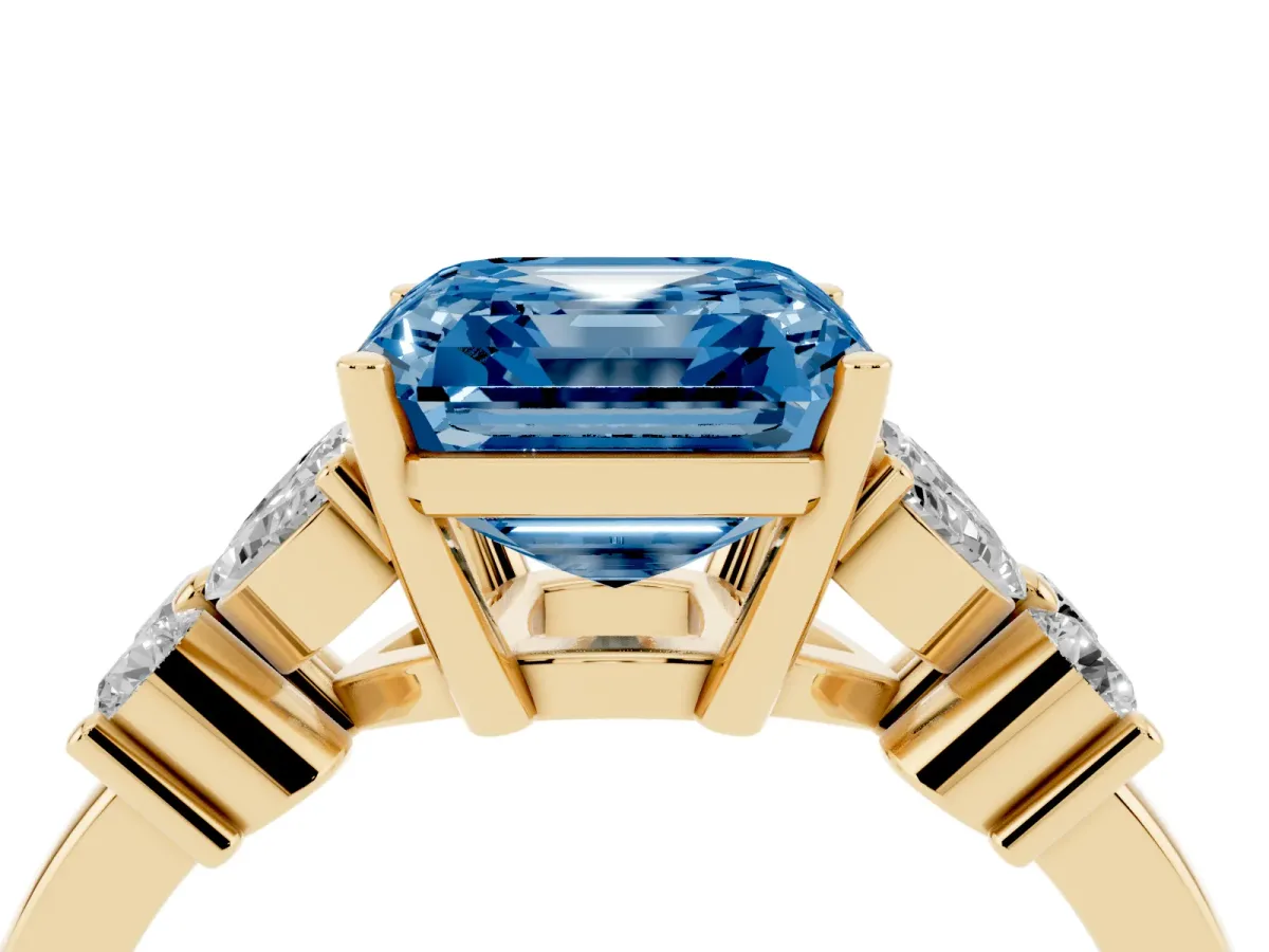 Fancy Blue Asscher Cut Diamond Floral Cluster Ring with Solitaire Band and Prong Setting Yellow gold
