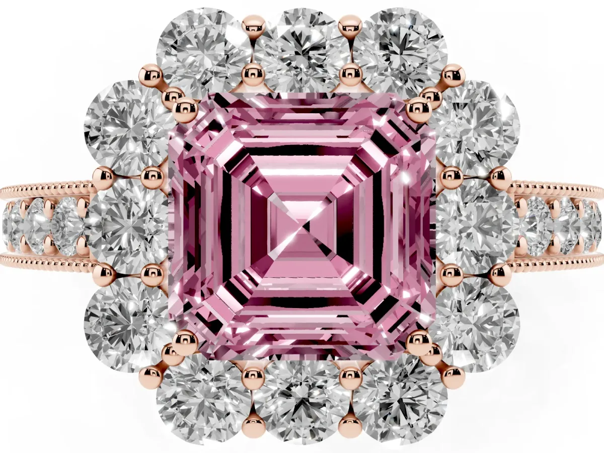 Fancy Pink Asscher Cut Cut Halo Diamond Pavé Engagement Ring with Milgrain Detailing Rose gold