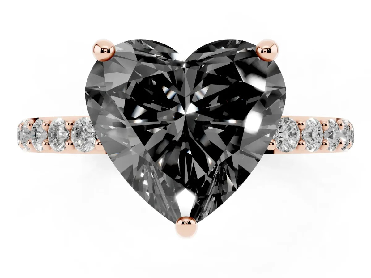Fancy Black Heart Cut Diamond Solitaire Ring with Round Pavé Band and Prong Setting Rose gold