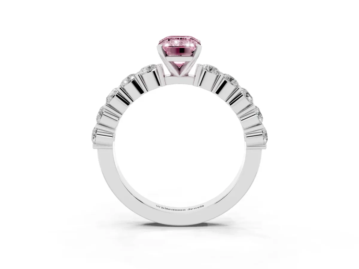 Fancy Pink Emerald Cut Diamond Solitaire Ring with Shared Prong Round Side Stones Silver