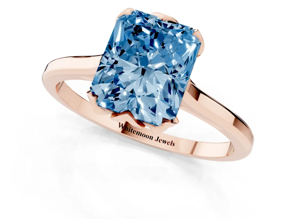 Fancy Blue Radiant Cut Diamond Solitaire Ring with Flower Prong Setting and Classic Band Rose gold