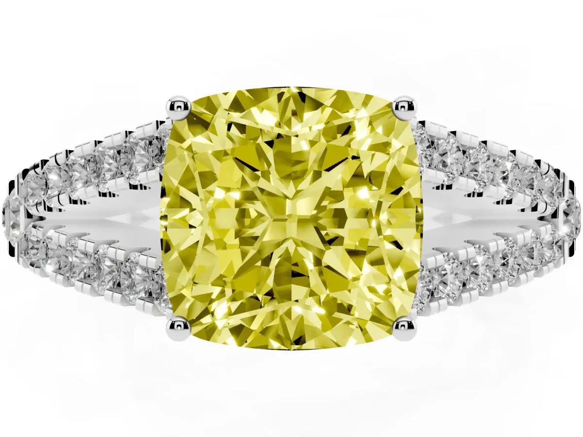 Fancy Yellow Cushion Cut Diamond Split Shank Engagement Ring with Round Pavé and Prong Setting Silver