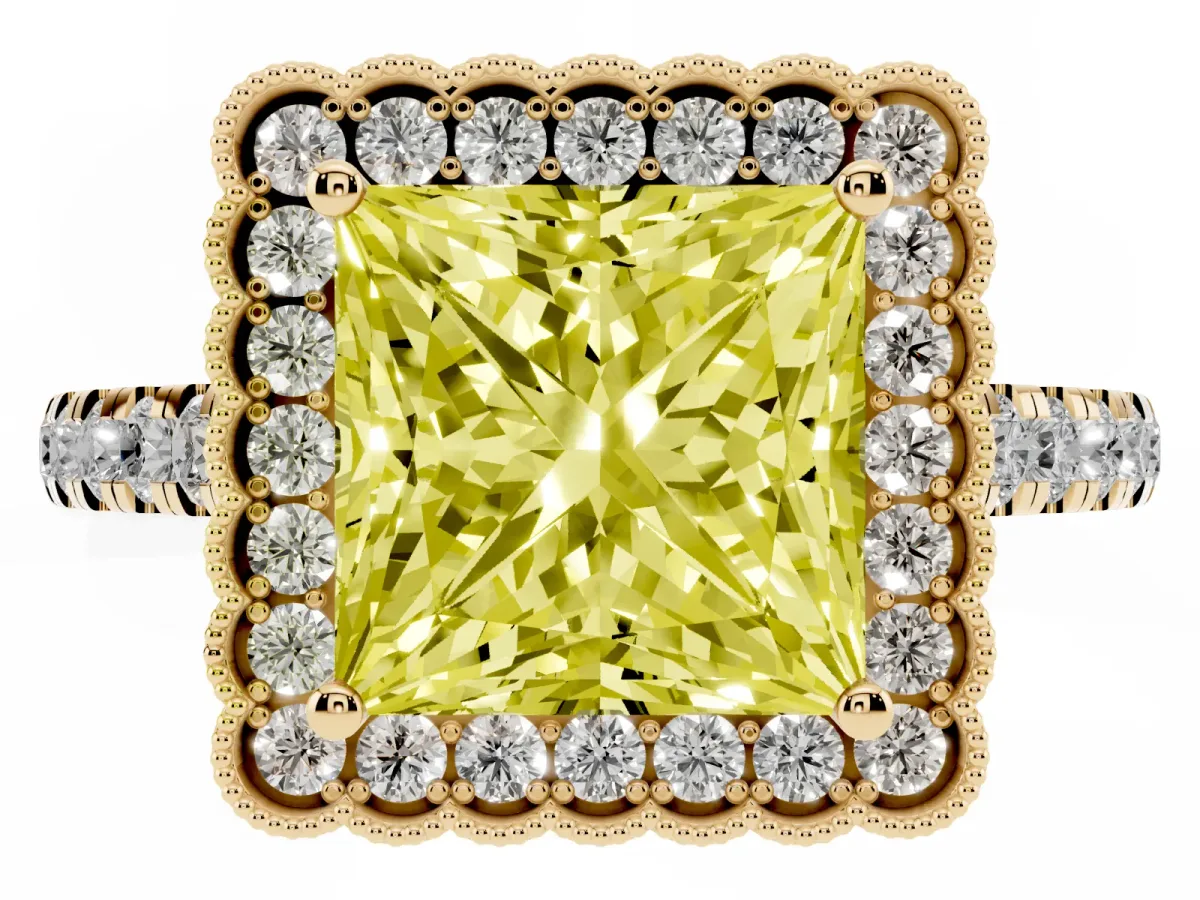 Fancy Yellow Princess Cut Cut Diamond Milgrain Floral Halo Engagement Ring with Pavé Band Yellow gold