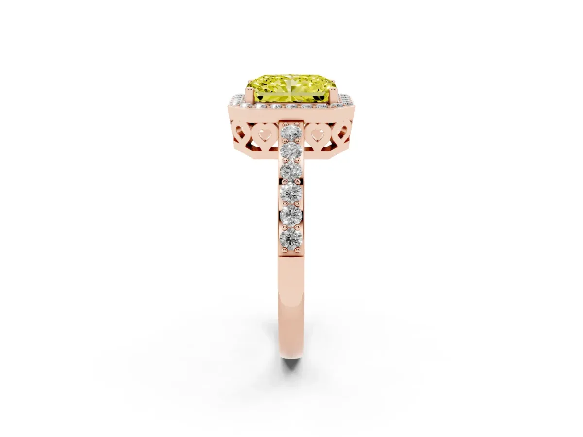 Fancy Yellow Radiant Cut Halo Diamond Pavé Band Ring with Prong Setting Rose gold