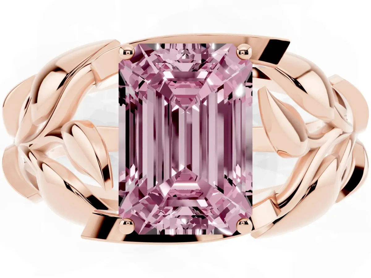 Fancy Pink Emerald Cut Diamond Leaf-Inspired Engagement Ring with Round Accents and Prong Setting Rose gold