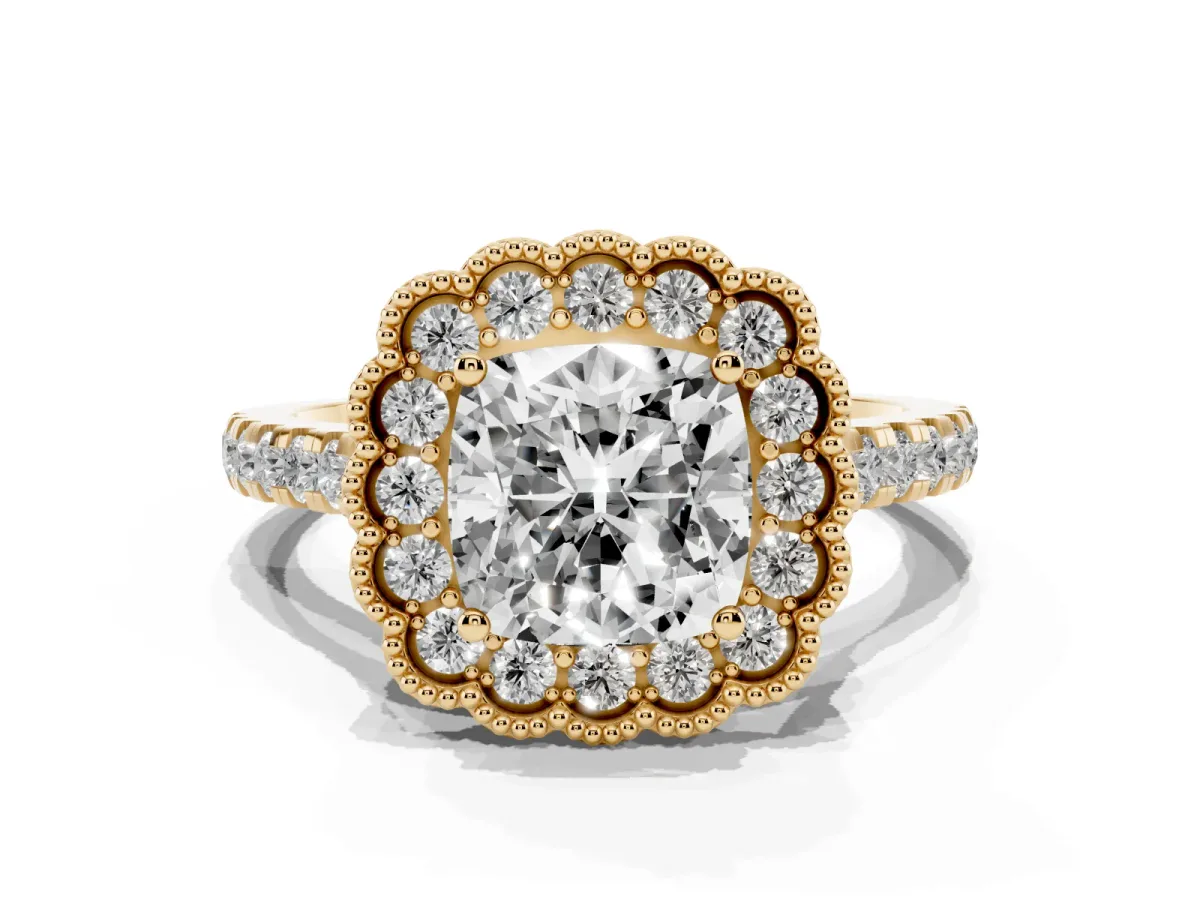 Cushion Cut Cut Diamond Milgrain Floral Halo Engagement Ring with Pavé Band Yellow gold