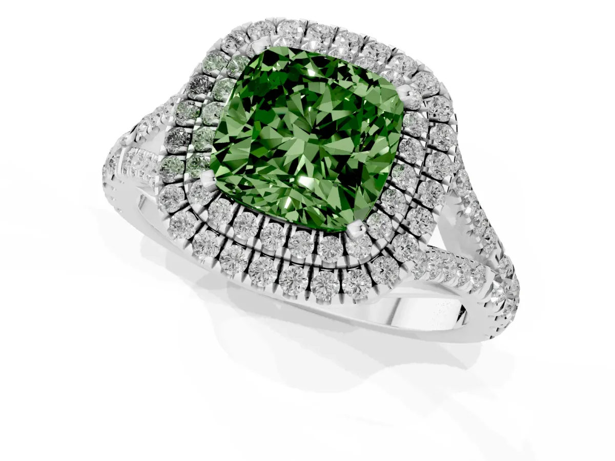 Fancy Green Cushion Cut Diamond Pavé Split Shank Double Halo Engagement Ring Silver