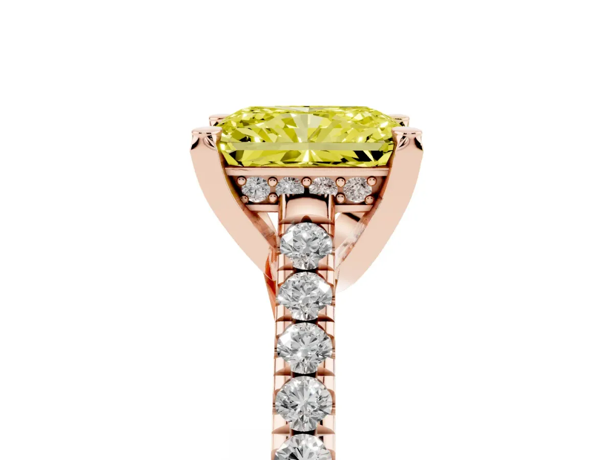 Fancy Yellow Radiant Cut Brilliant Diamond Solitaire with Pavé Band and Four-Prong Setting Rose gold