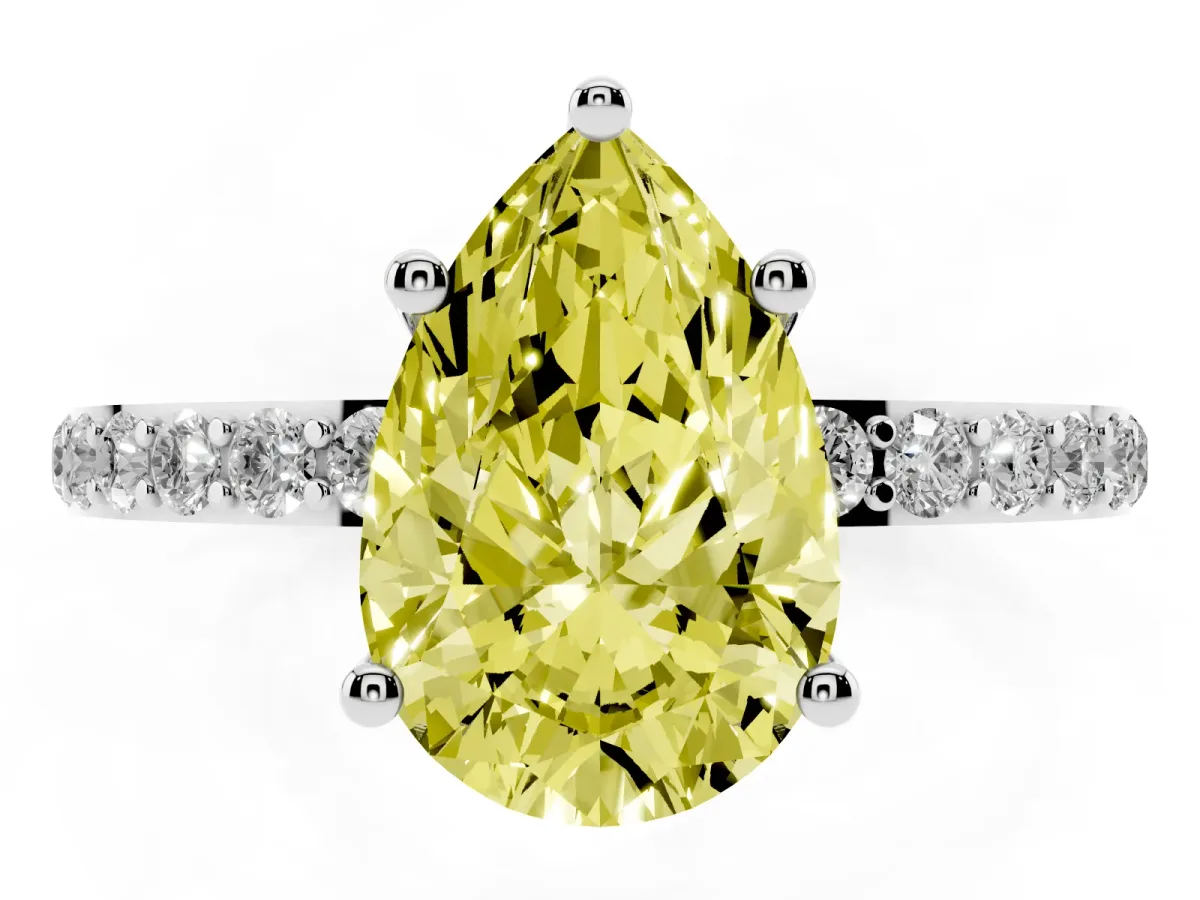 Fancy Yellow Pear Cut Diamond Solitaire Ring with Round Pavé Shoulders and Prong Setting Platinum