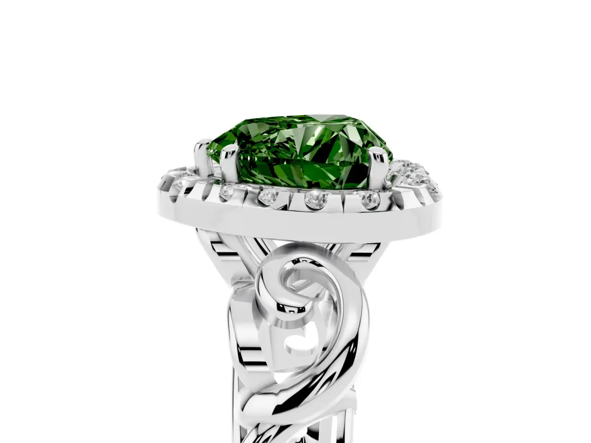Fancy Green Heart Cut Cut Halo Diamond Ring with Scrollwork Band and Four-Prong Setting Silver
