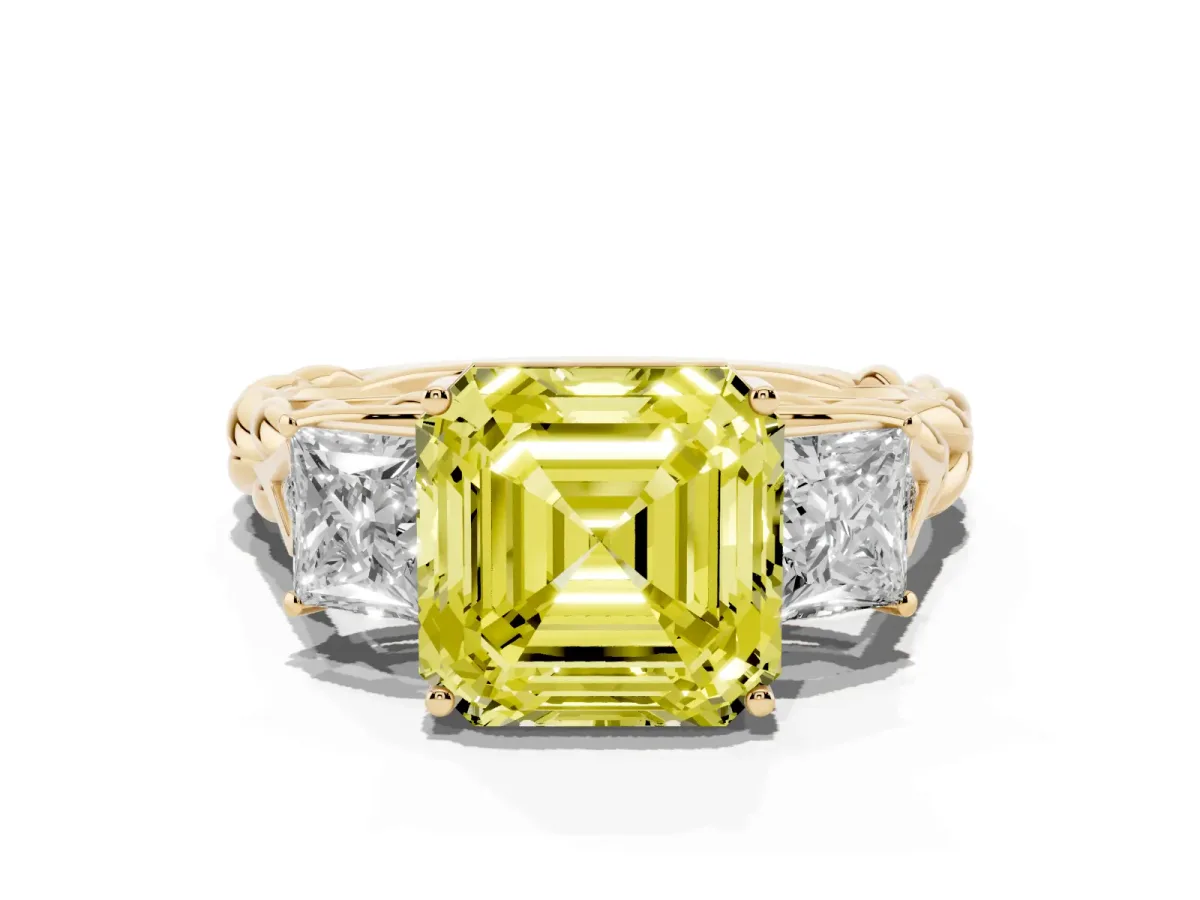 Fancy Yellow Three-Stone Asscher Cut Diamond Braided Band Ring with Four-Prong Setting Yellow gold