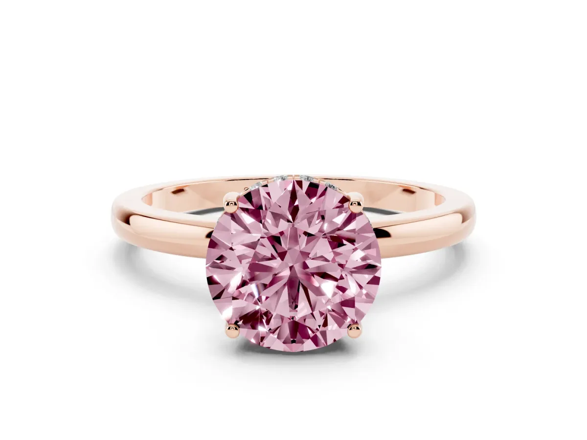 Fancy Pink Round Cut Solitaire Diamond Ring with Prong Setting and Plain Band Rose gold