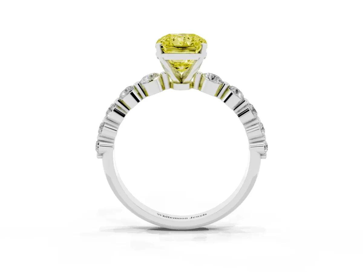 Fancy Yellow Radiant Cut Solitaire Diamond Ring with Pave Band and Four-Prong Setting Silver