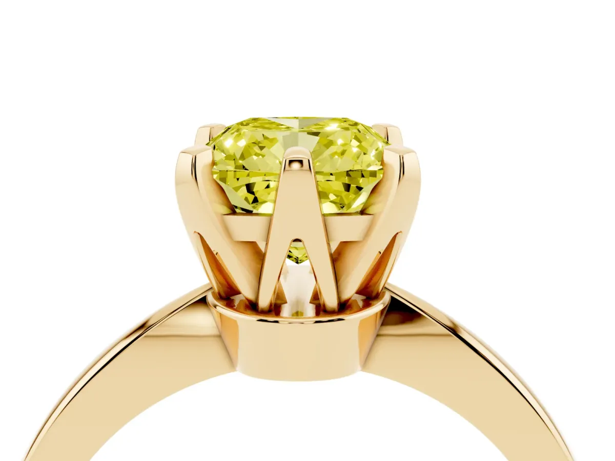 Fancy Yellow Cushion Cut Solitaire Engagement Ring with Six-Prong Setting and Tapered Band Yellow gold