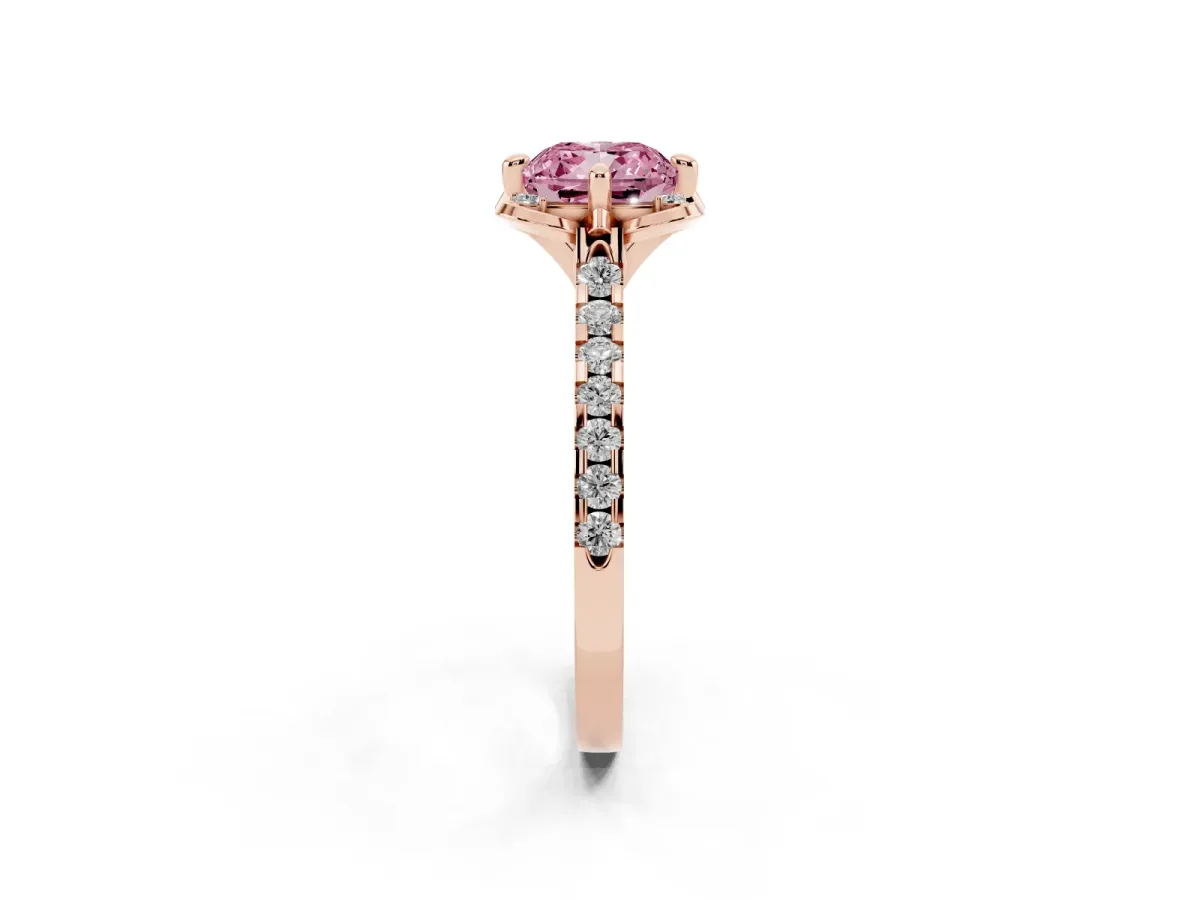Fancy Pink Cushion Cut Diamond Ring with Pavé Band and Floral Prong Setting Rose gold