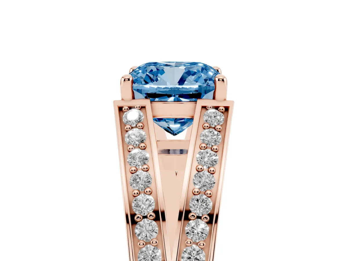 Fancy Blue Cushion Cut Diamond Split Shank Ring with Pavé Band and Four-Prong Setting Rose gold
