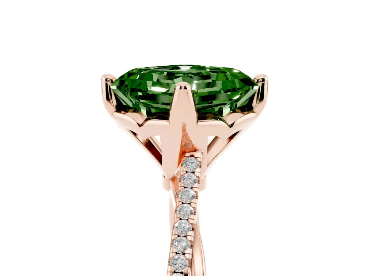 Fancy Green Asscher Cut Solitaire Twist Band with Pavé Diamonds and Four-Prong Setting Rose gold
