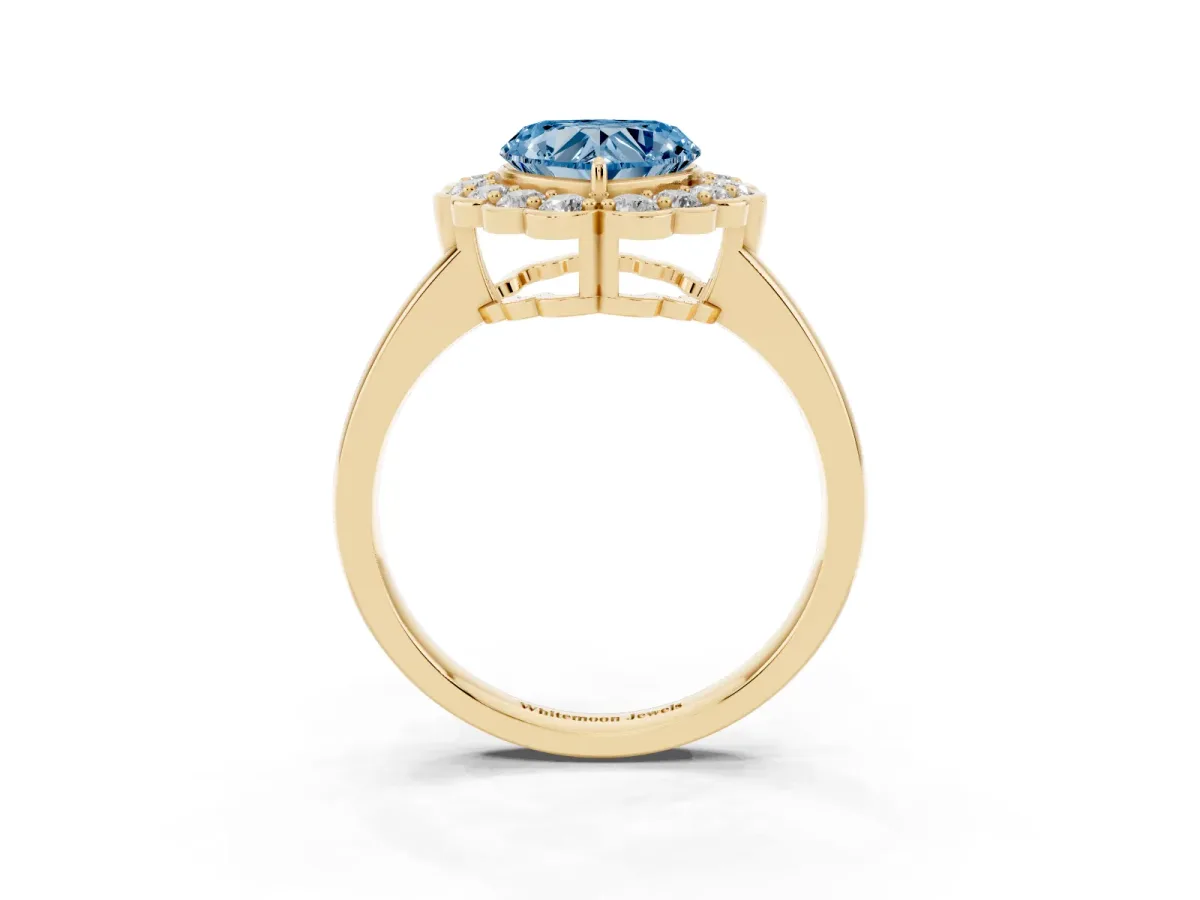 Fancy Blue Heart Cut Halo Cluster Diamond Engagement Ring with Solitaire Band and Prong Setting Yellow gold