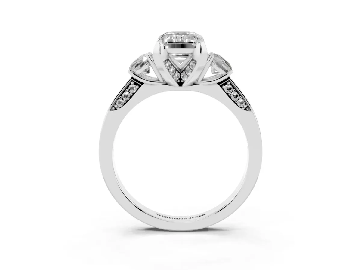 Fancy Green Emerald Cut Brilliant Three-Stone Diamond Ring with Pavé Band and Four-Prong Setting Silver