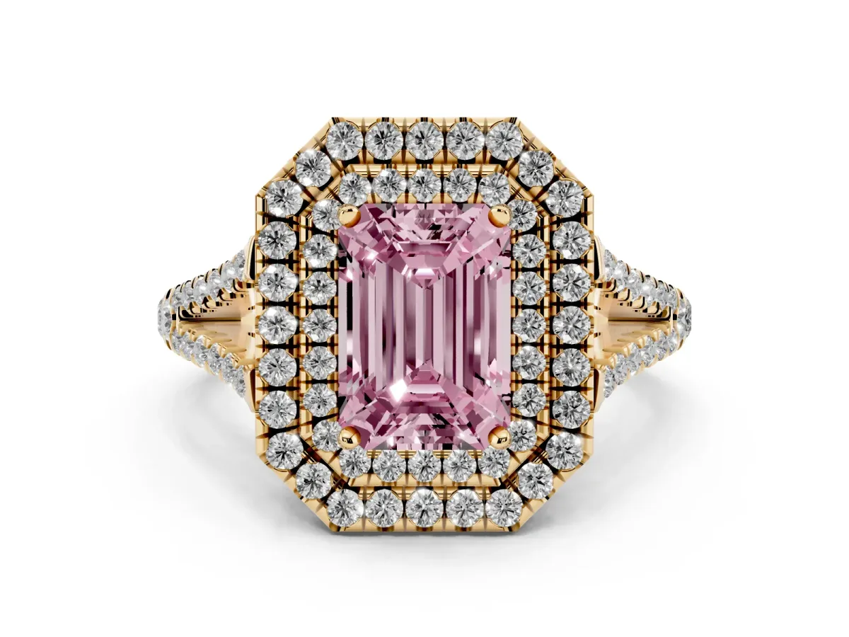 Fancy Pink Emerald Cut Diamond Double Halo Ring with Pavé Band and Prong Setting Yellow gold