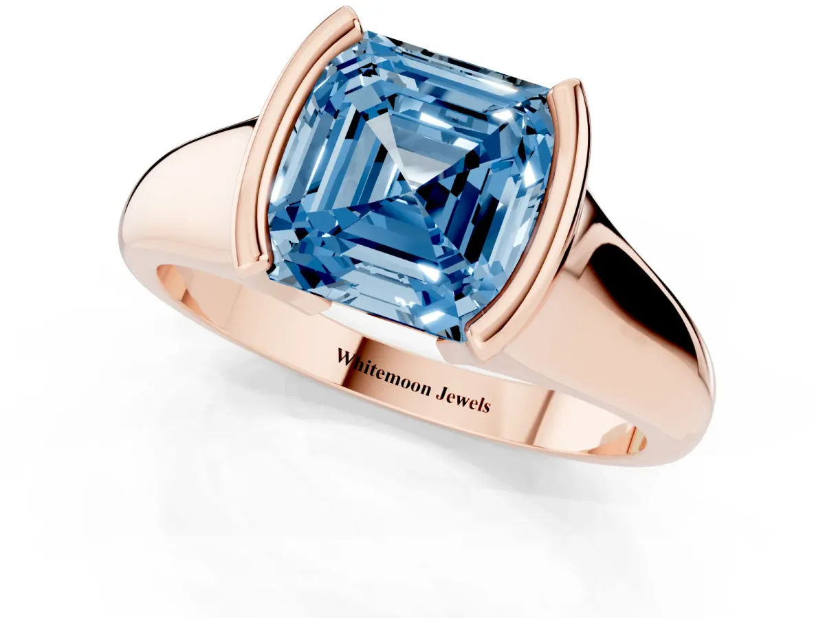 Fancy Blue Asscher Cut Solitaire Tension Set Diamond Ring with Split Shank Band Rose gold