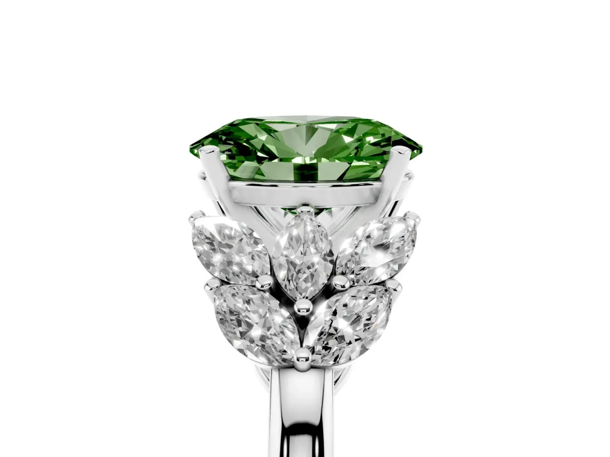Fancy Green Oval Cut Diamond Cluster Leaf Design Ring with Prong Setting Platinum