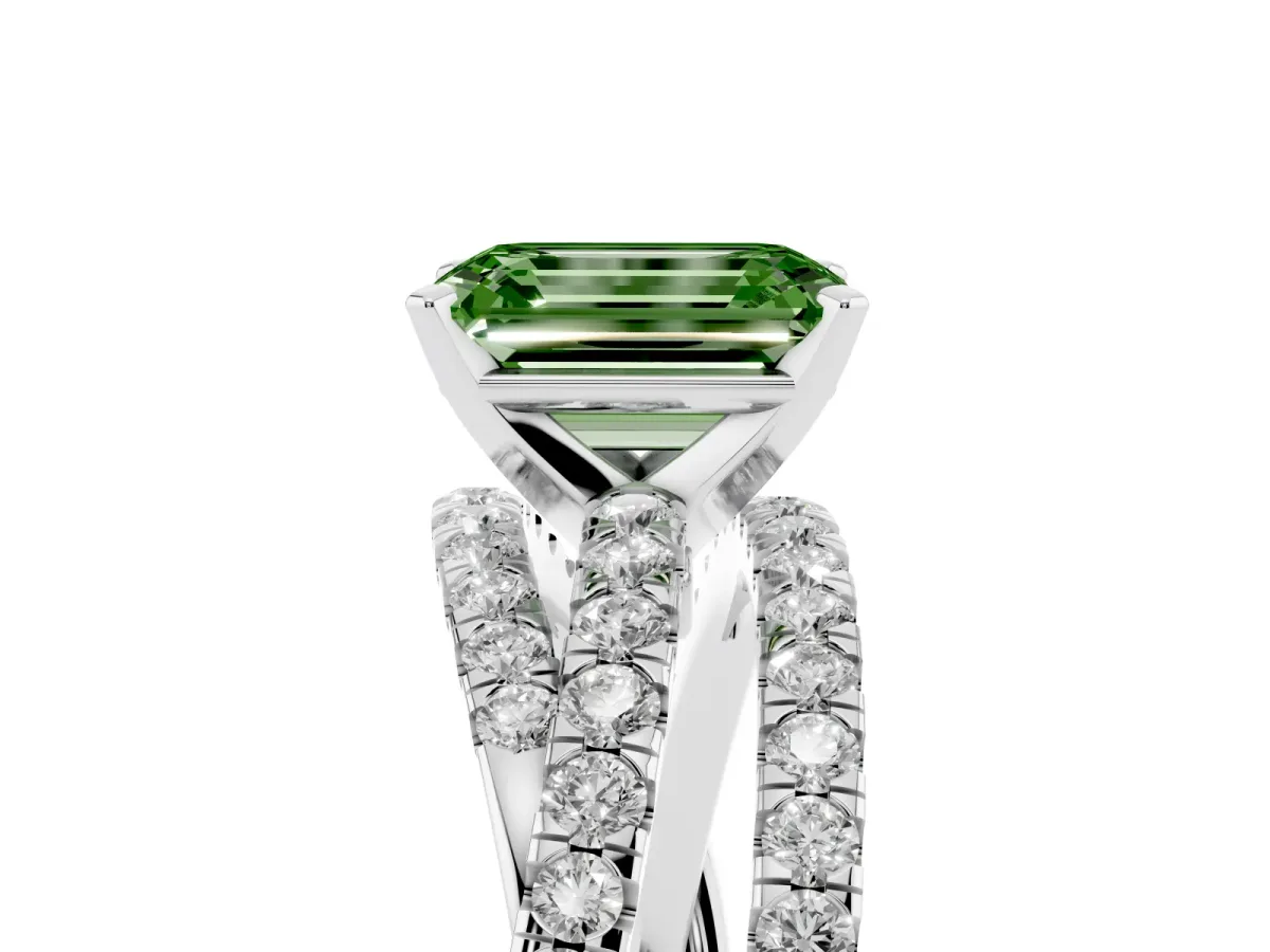Fancy Green Emerald Cut Solitaire Twist Band with Pavé Setting and Four-Prong Setting Silver