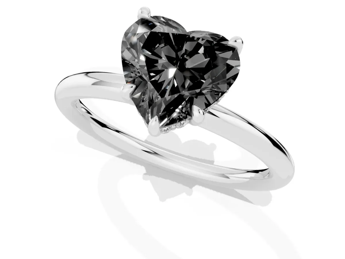 Fancy Black Heart Cut Diamond Solitaire Ring with Thin Band and Four-Prong Setting Platinum