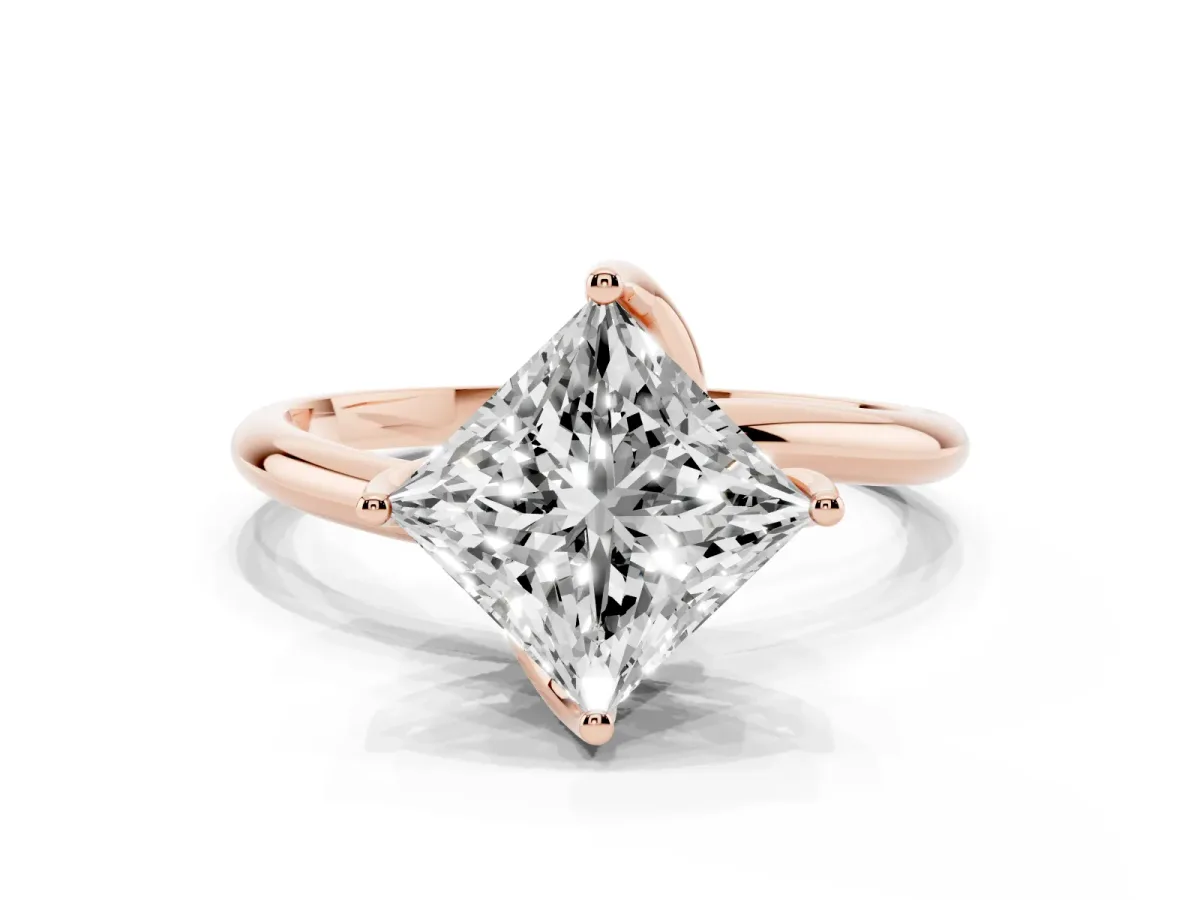 Princess Cut Diamond Solitaire Engagement Ring with Four-Prong Setting and Classic Band Rose gold