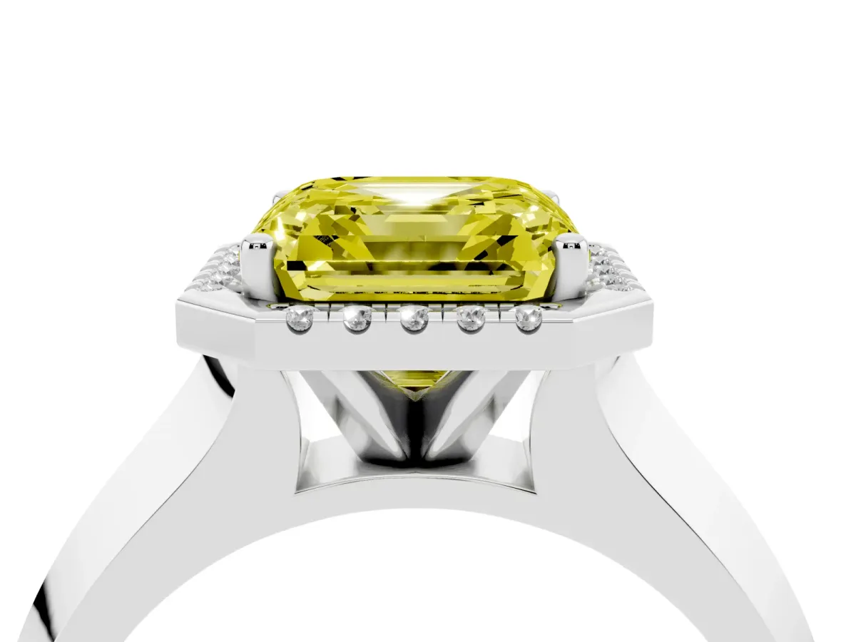 Fancy Yellow Asscher Cut Halo Diamond Ring with Cathedral Band and Four-Prong Setting Silver