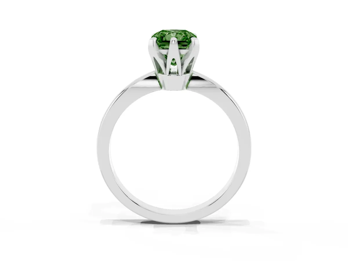 Fancy Green Radiant Cut Solitaire Engagement Ring with Six-Prong Setting and Tapered Band Silver