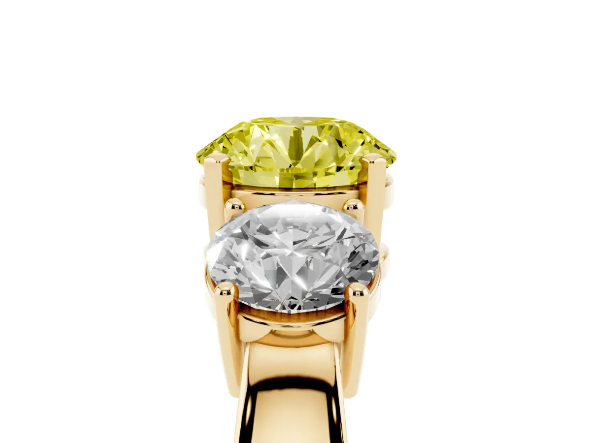 Fancy Yellow Three-Stone Round Cut Diamond Ring with Round Side Stones, Classic Band, and Four-Prong Setting Yellow gold