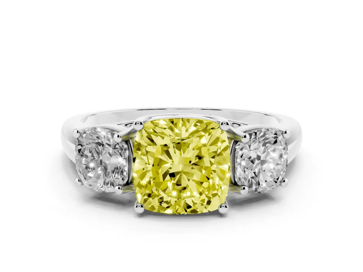 Fancy Yellow Three-Stone Cushion Cut Diamond Engagement Ring with Prong Setting Silver