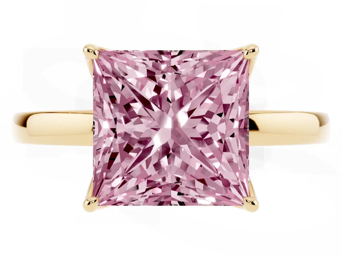 Fancy Pink Princess Cut Diamond Solitaire Ring with Thin Band and Prong Setting Yellow gold