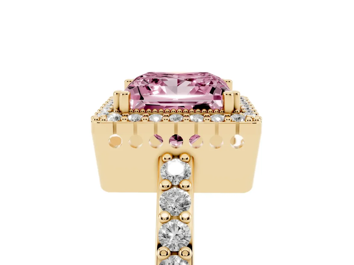 Fancy Pink Princess Cut Cut Diamond Halo Engagement Ring with Milgrain Detail and Pavé Band Yellow gold