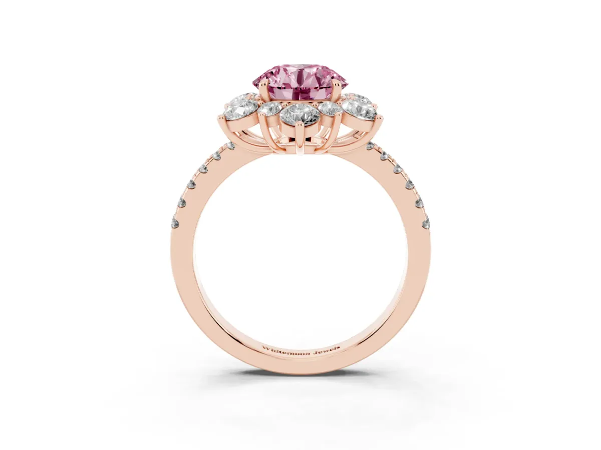 Fancy Pink Round Cut Diamond Floral Halo Ring with Round Pavé Band and Prong Setting Rose gold