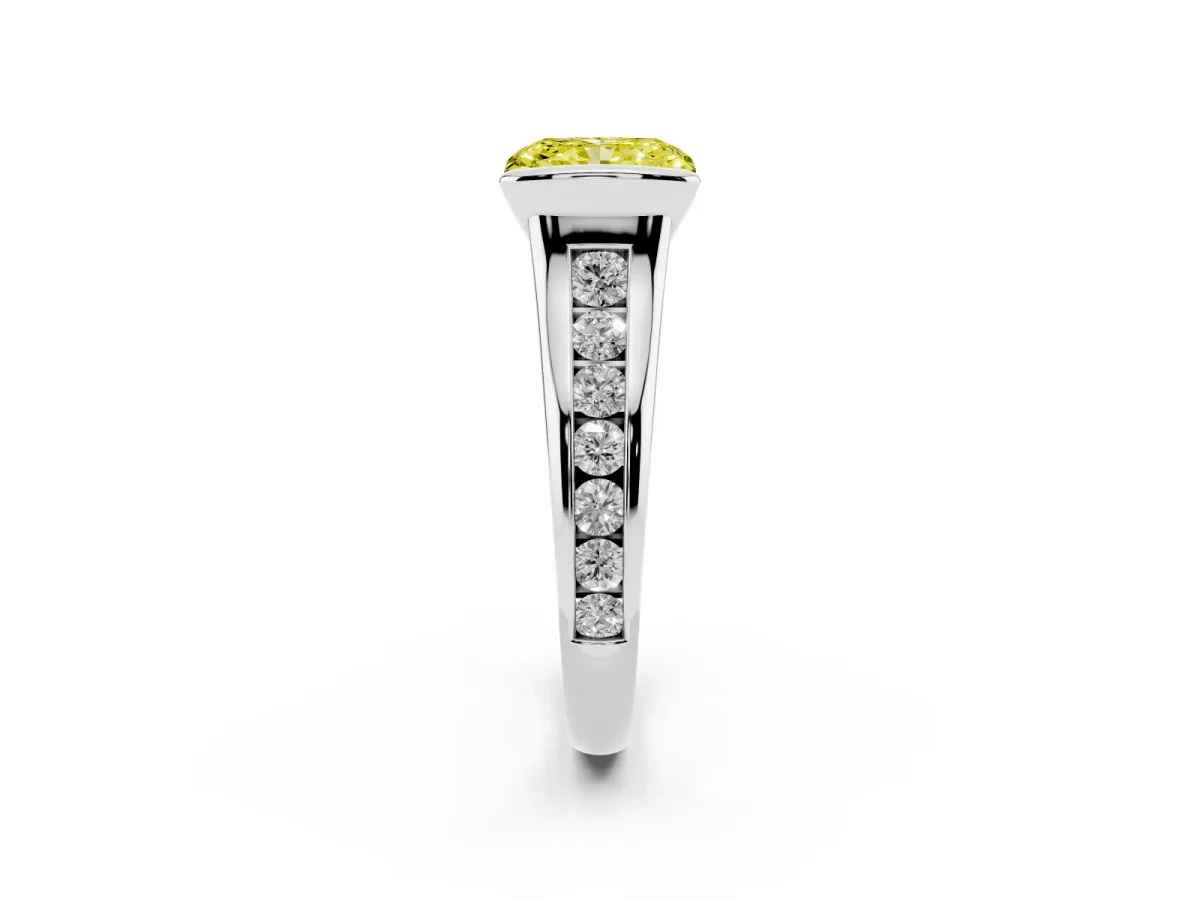 Fancy Yellow Radiant Cut Solitaire Bezel-Set Diamond Ring with Channel-Set Band Silver