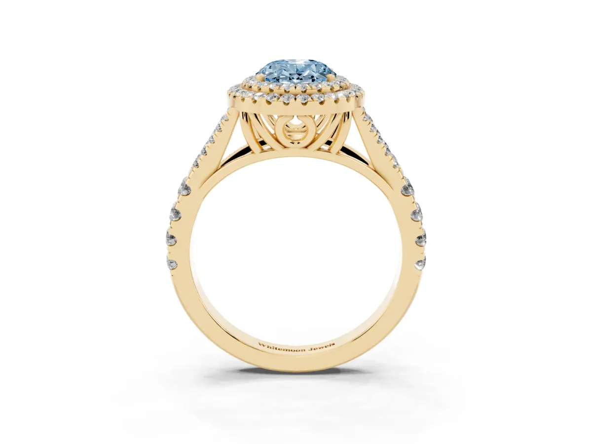 Fancy Blue Oval Cut Diamond Pavé Split Shank Double Halo Engagement Ring Yellow gold