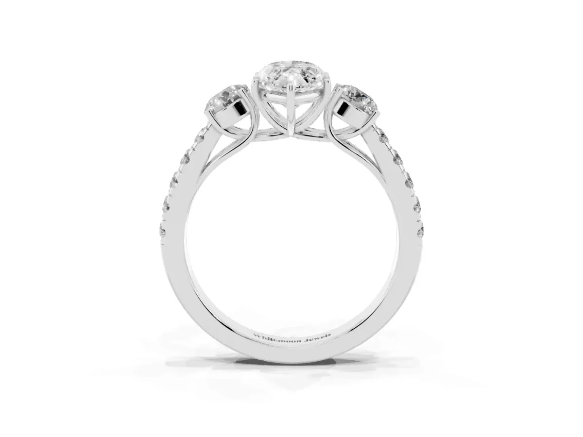 Marquise Cut Cut Diamond Three-Stone Ring with Round Side Stones and Pavé Band Silver