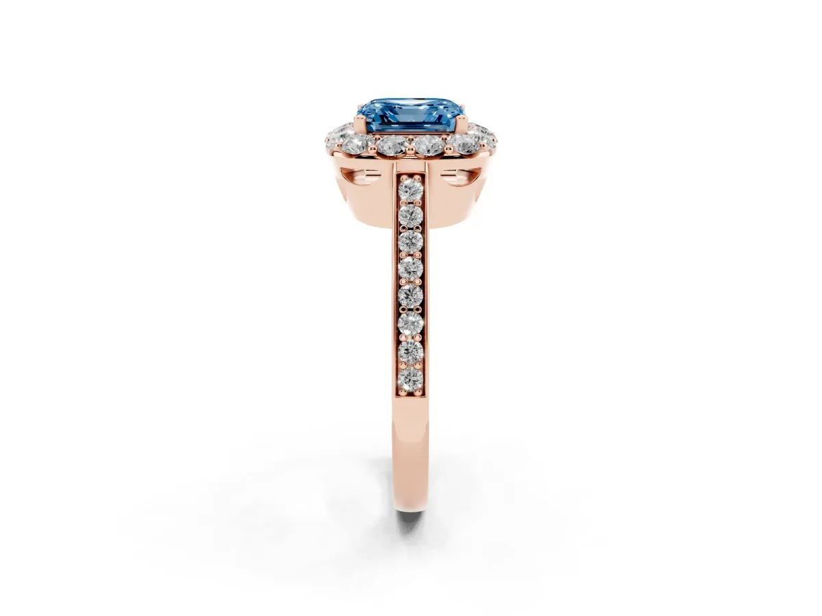 Fancy Blue Asscher Cut Diamond Floral Halo Ring with Pavé Band and Prong Setting Rose gold