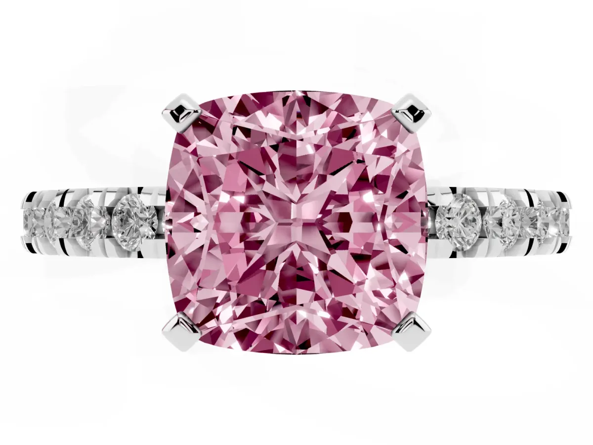 Fancy Pink Cushion Cut Diamond Pavé Band Solitaire with Four-Prong Setting Silver