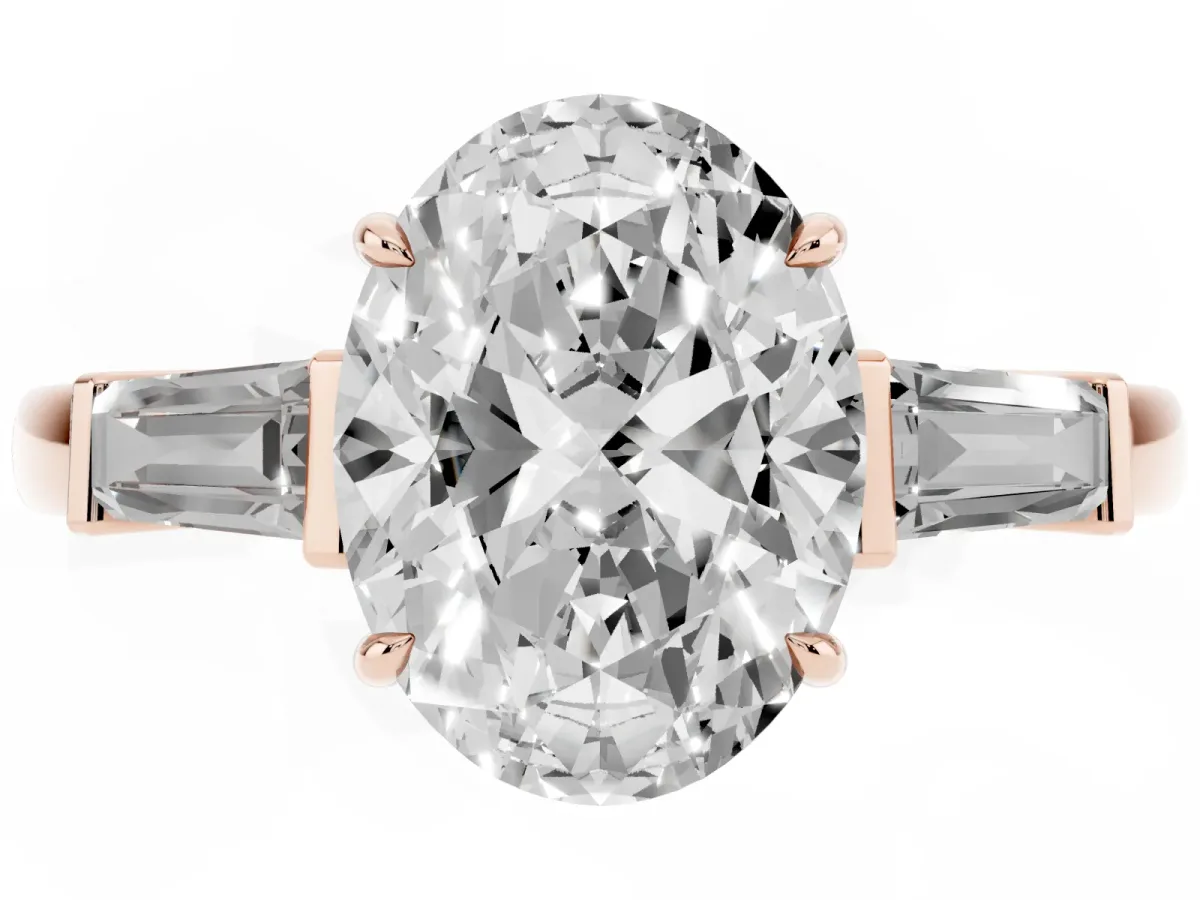 Oval Cut Diamond Three-Stone Ring with Tapered Baguette Side Stones and Prong Setting Rose gold