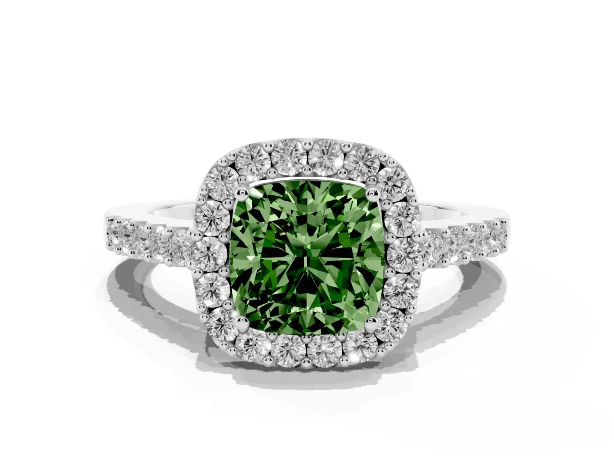 Fancy Green Cushion Cut Halo Diamond Pavé Solitaire Ring Platinum