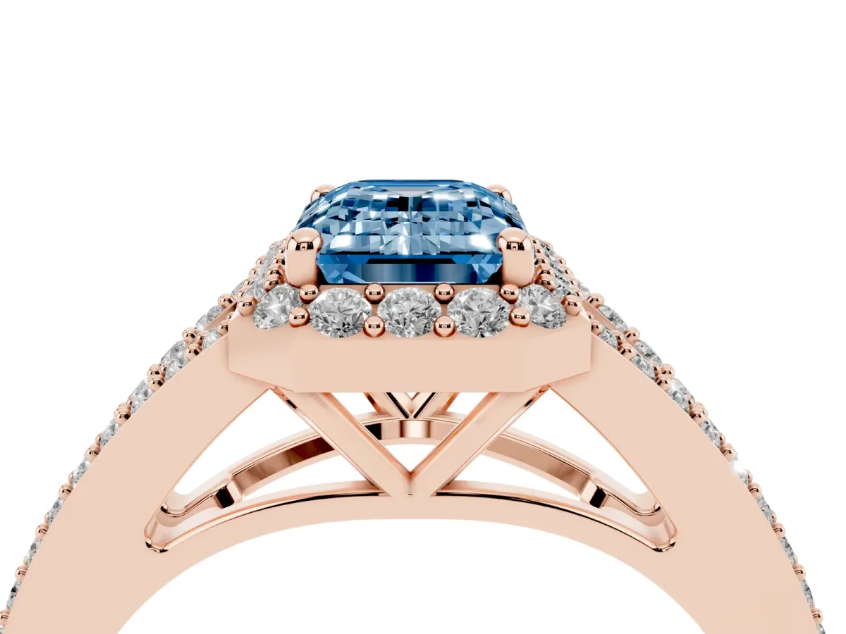 Fancy Blue Emerald Cut Halo Split Shank Diamond Ring with Prong Setting Rose gold