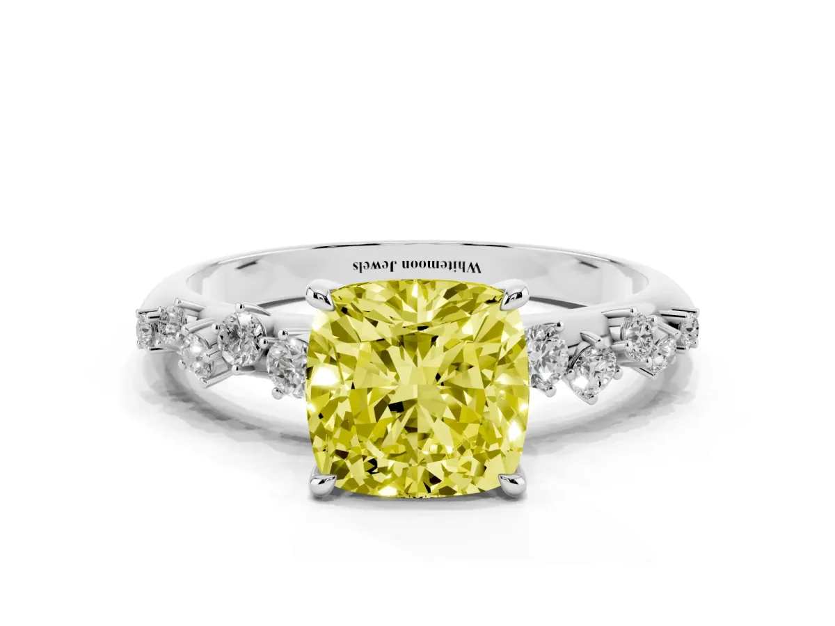 Fancy Yellow Cushion Cut Diamond Cluster Side Stone Solitaire Ring with Prong Setting White gold